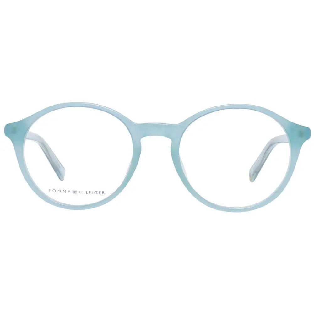 Lunettes tommy hilfiger bleues en plastique avec monture ronde bleu clair translucide et logo gravé sur le verre