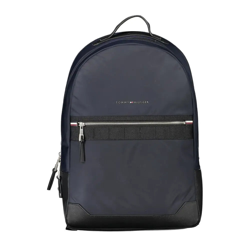 Sac à dos homme tommy hilfiger bleu polyester avec accents en cuir noir et poche avant zippée rayée rouge blanc bleu