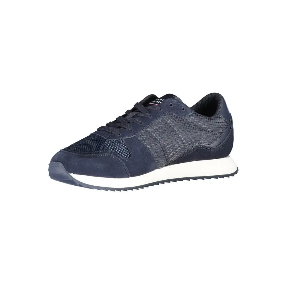 Sneaker homme tommy hilfiger bleu marine en polyester avec panneaux en mesh et suède et semelle blanche en caoutchouc