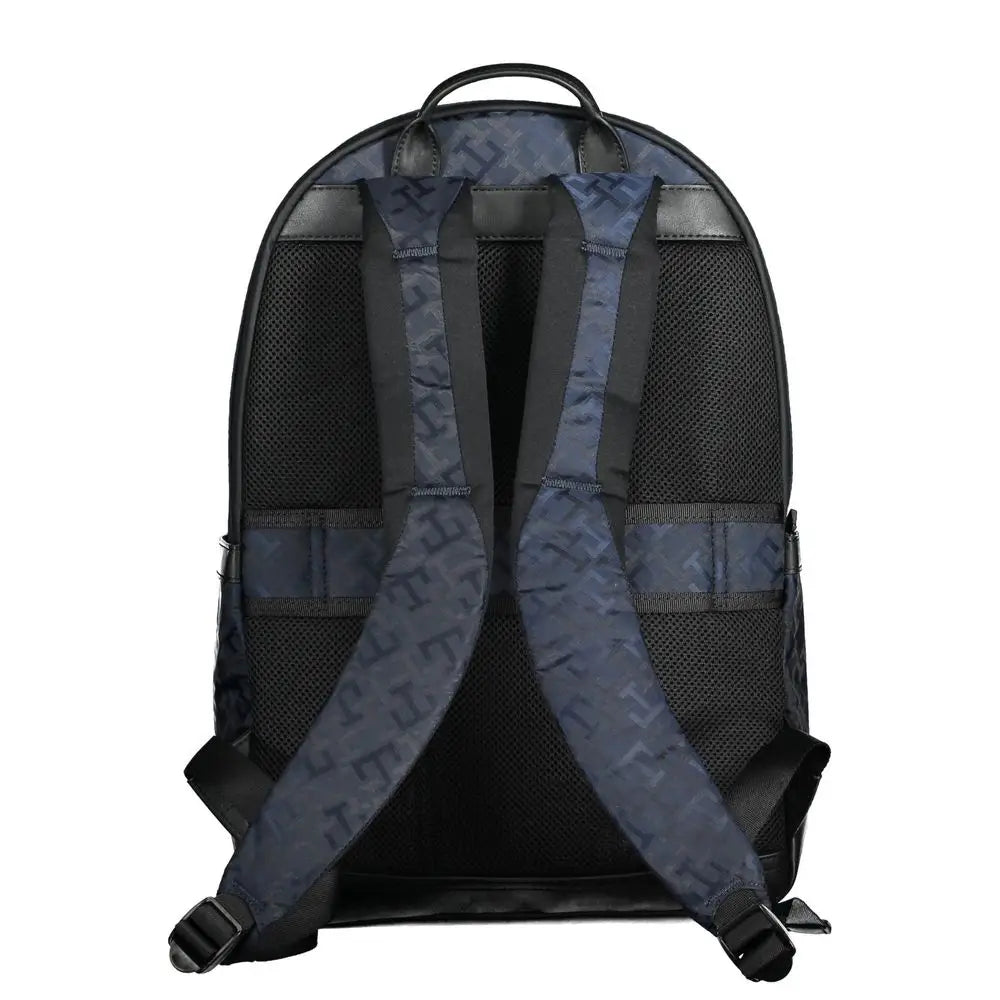 Sac à dos homme tommy hilfiger bleu en polyester avec motif logo, doublure mesh noire et accents en cuir synthétique