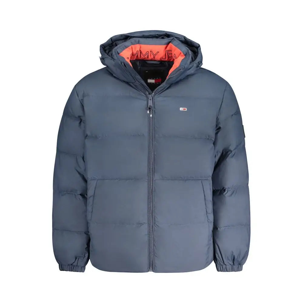 Veste matelassée bleue marine avec capuche, doublure orange et logo tommy jeans sur la poitrine, polyester homme