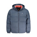 Veste matelassée bleue marine avec capuche, doublure orange et logo tommy jeans sur la poitrine, polyester homme