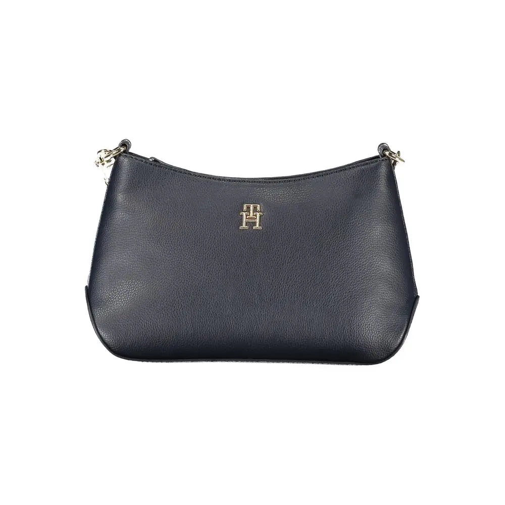 Sac bandoulière tommy hilfiger bleu en cuir grainé marine foncé avec logo doré et ferrures argentées