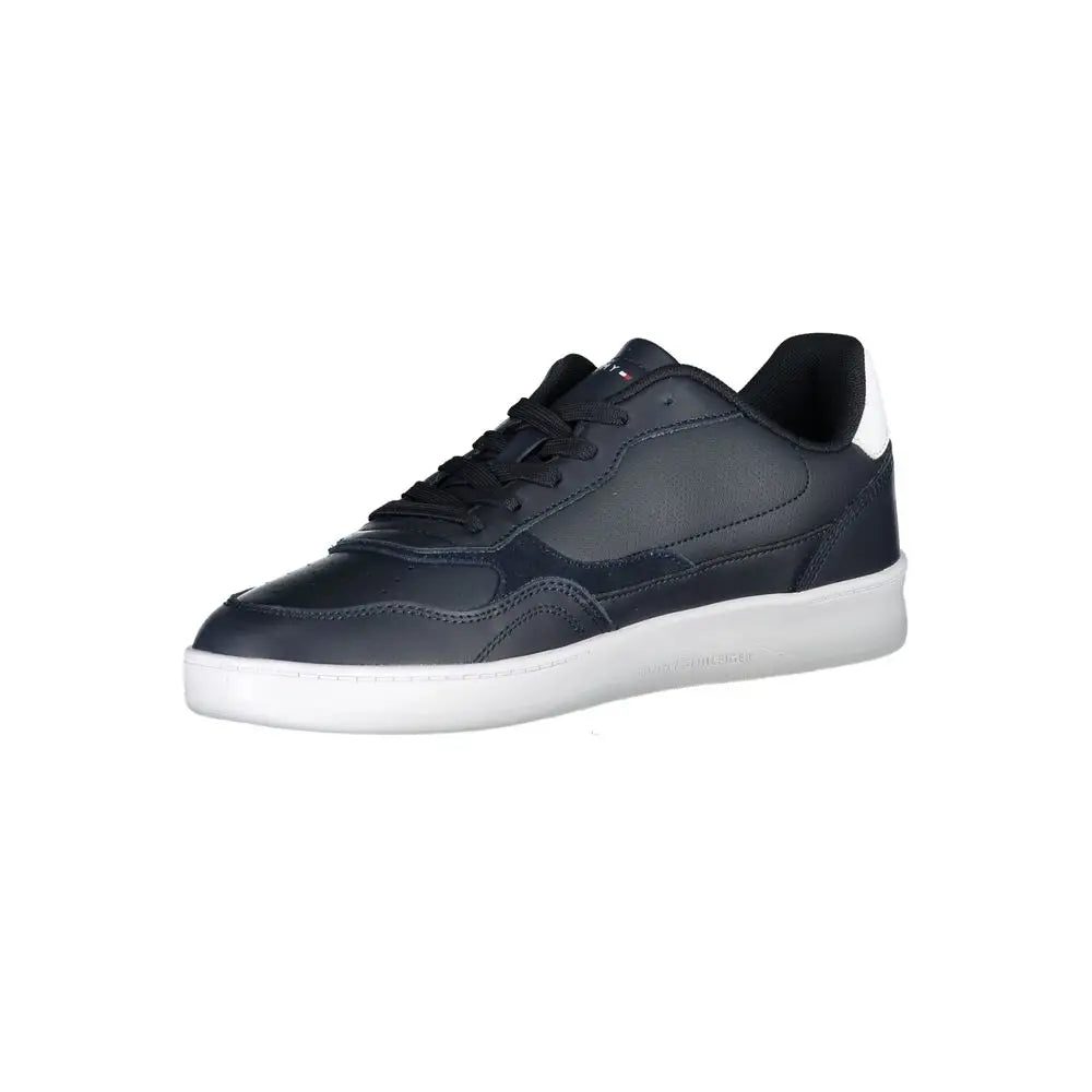 Baskets homme tommy hilfiger bleu en cuir polyuréthane avec semelle blanche en caoutchouc et lacets noirs