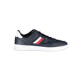Baskets homme tommy hilfiger bleu en cuir synthétique avec détails rayés rouges et blanches et semelle en caoutchouc blanc