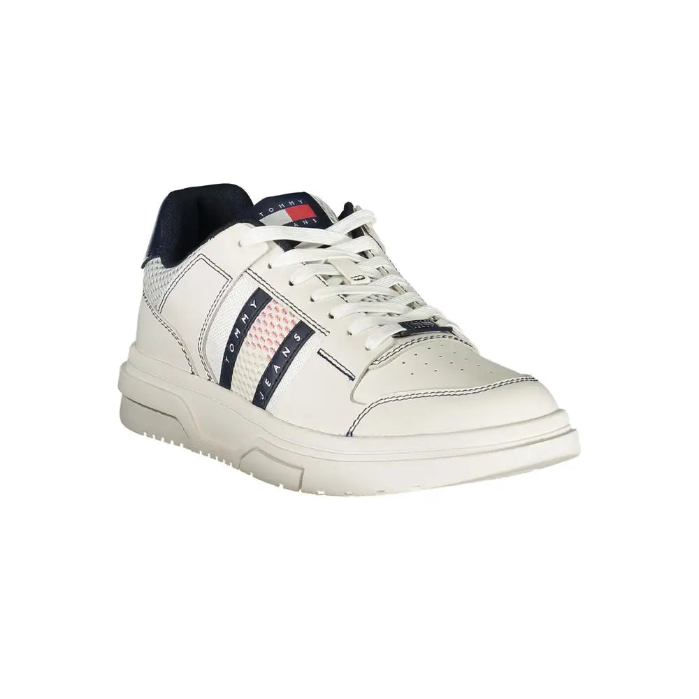 Baskets homme tommy hilfiger blanches en jean avec bandes de branding bleu marine et rouge en polyuréthane