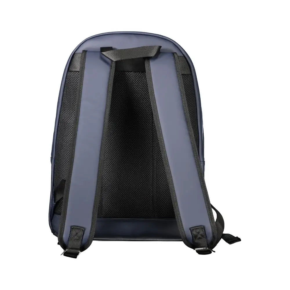 Un sac à dos tommy hilfiger bleu en polyuréthane avec panneaux en maille noire et bretelles ajustables