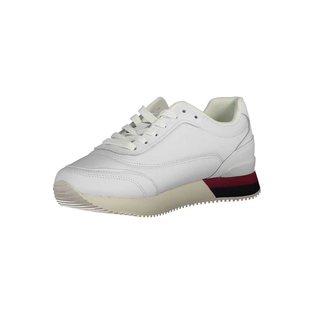 Chaussures femme Tommy Hilfiger Bianco en cuir blanc, baskets élégantes et confortables, vue de face.