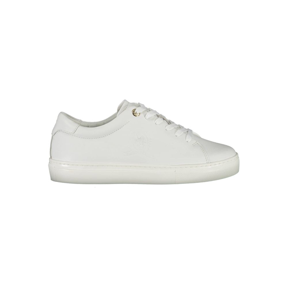 Chaussure sneaker femme en cuir blanc Tommy Hilfiger, style décontracté et moderne, avec détails de marque visibles.
