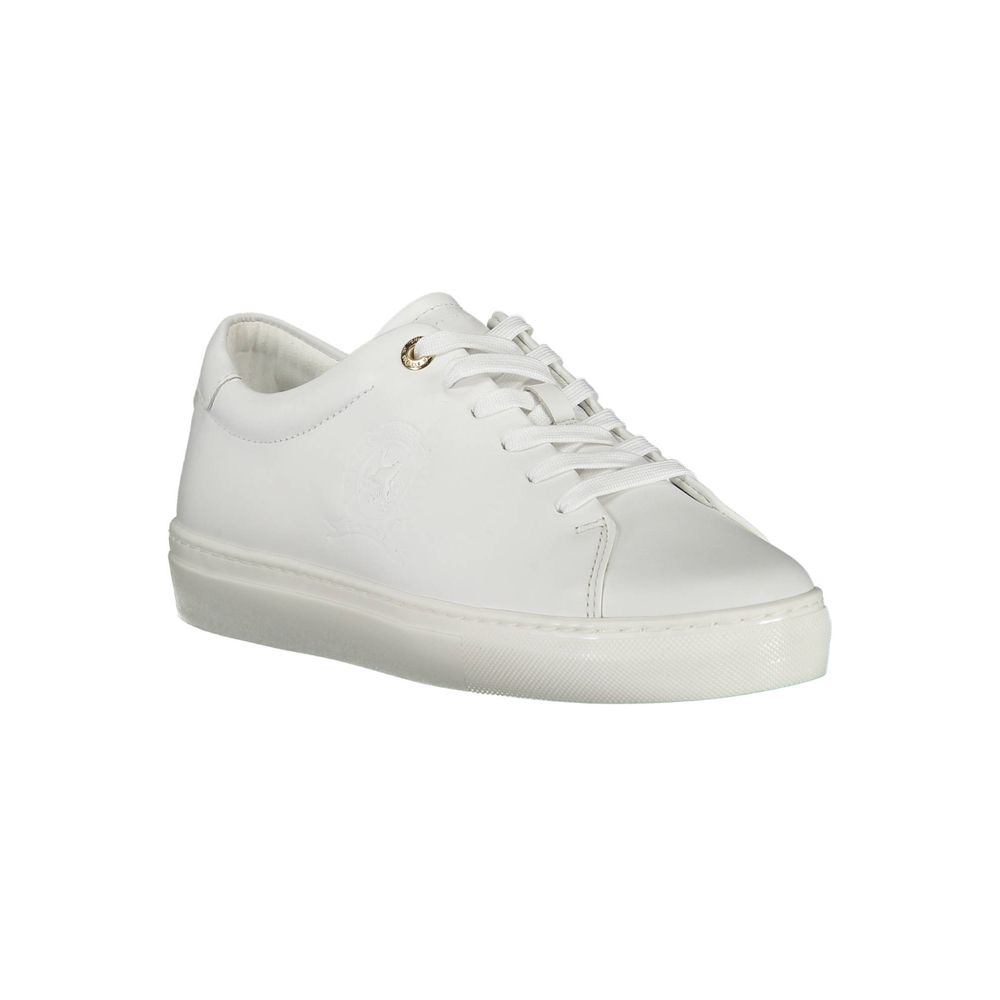 Sneakers pour femmes Tommy Hilfiger en cuir blanc, chaussure décontractée avec détails de marque.