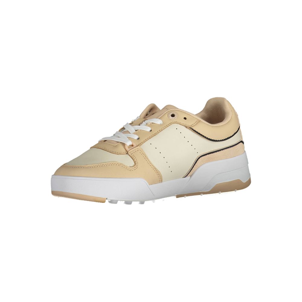 Chaussures de sport pour femme Tommy Hilfiger en polyester beige, baskets tendance avec semelle blanche et design élégant.