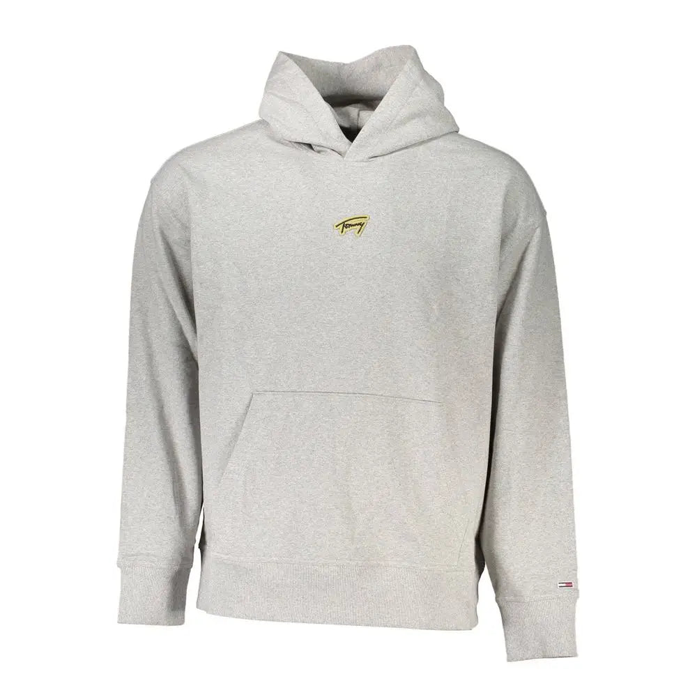 Sweat à capuche tommy hilfiger gris chiné en coton avec petit logo doré sur la poitrine et ourlet côtelé