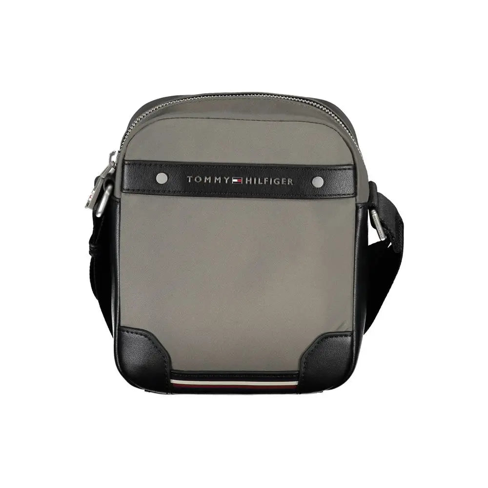 Sac bandoulière tommy hilfiger vert en polyester avec garniture en cuir gris et noir et bande logo signature