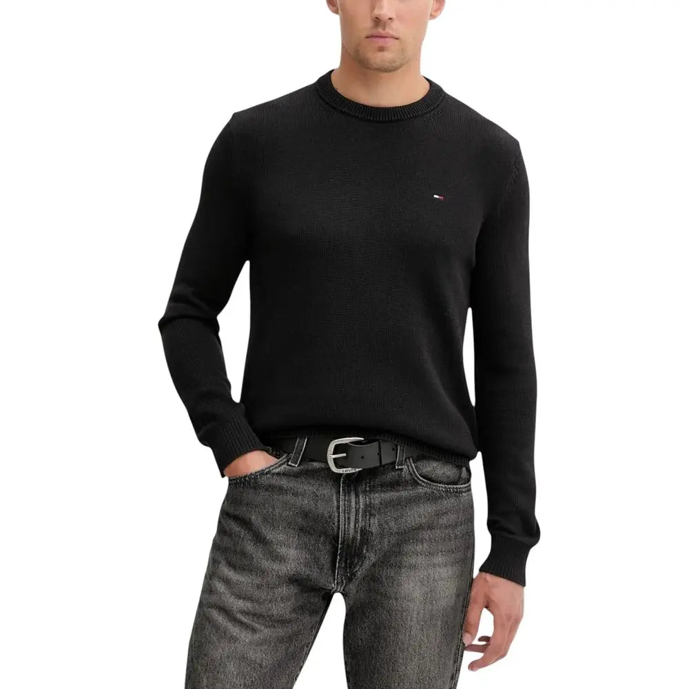 Sweatshirt tommy hilfiger jeans noir en coton bio avec col et poignets côtelés style crewneck
