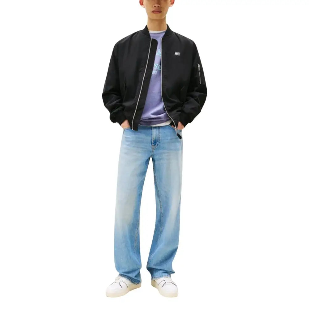 Blouson aviateur noir tommy hilfiger jeans en coton recyclé avec fermeture éclair argentée et petit logo blanc poitrine