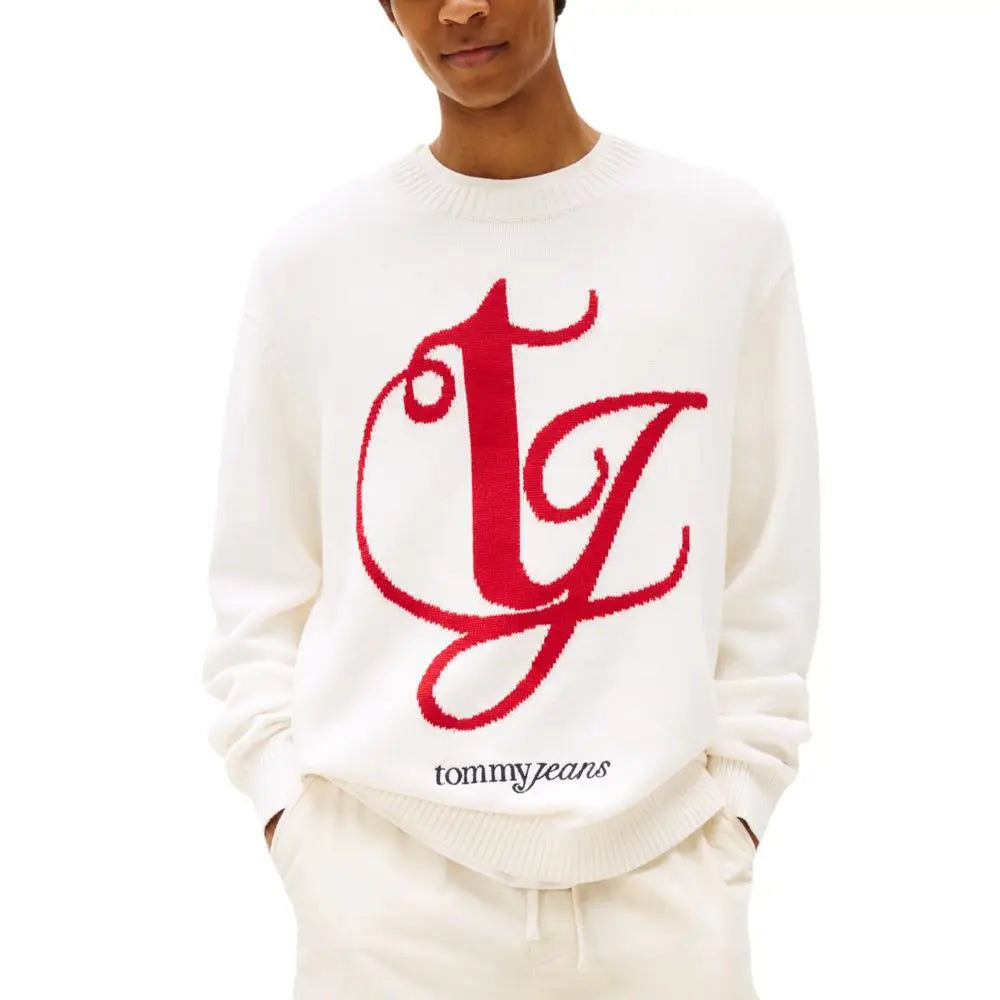 Sweatshirt tommy hilfiger jeans crème en coton recyclé avec logo tj rouge brodé et nom de marque en noir