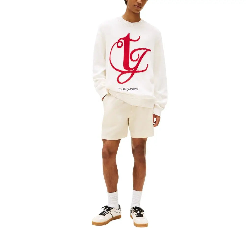 Sweatshirt crème en coton recyclé tommy hilfiger jeans avec logo tj rouge brodé sur le devant