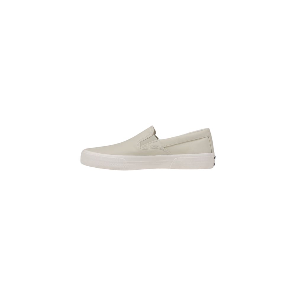 Chaussures mocassins Tommy Hilfiger Jeans beige en coton recyclé, style slip-on, vue de face.