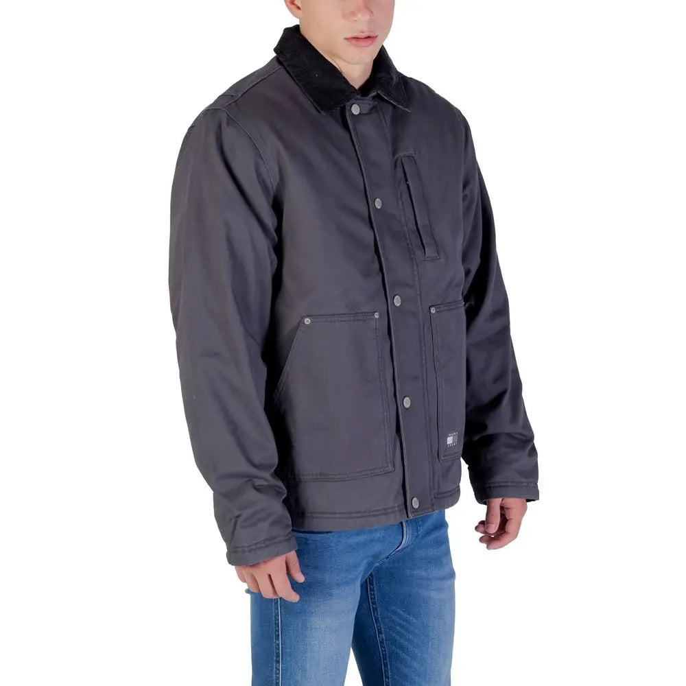 Veste de travail gris foncé tommy hilfiger jeans en denim coton recyclé avec col noir contrastant et boutons argentés