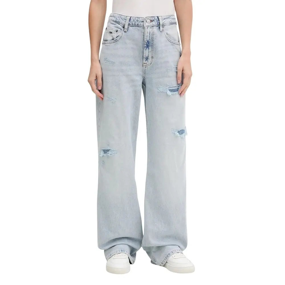 Jean mom tommy hilfiger bleu clair en coton recyclé avec coupe taille haute et jambes larges déchirées