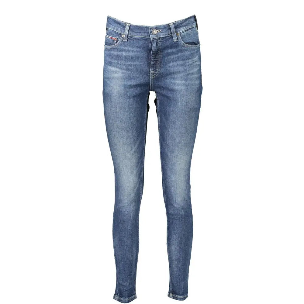 Jean slim fit en denim bleu avec effet délavé et logo rouge sur la poche arrière des leggings en coton tommy hilfiger nero pour femmes