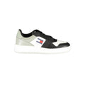 Baskets tommy hilfiger nero en cuir noir et blanc avec panneau gris et logo drapeau emblématique sur le côté