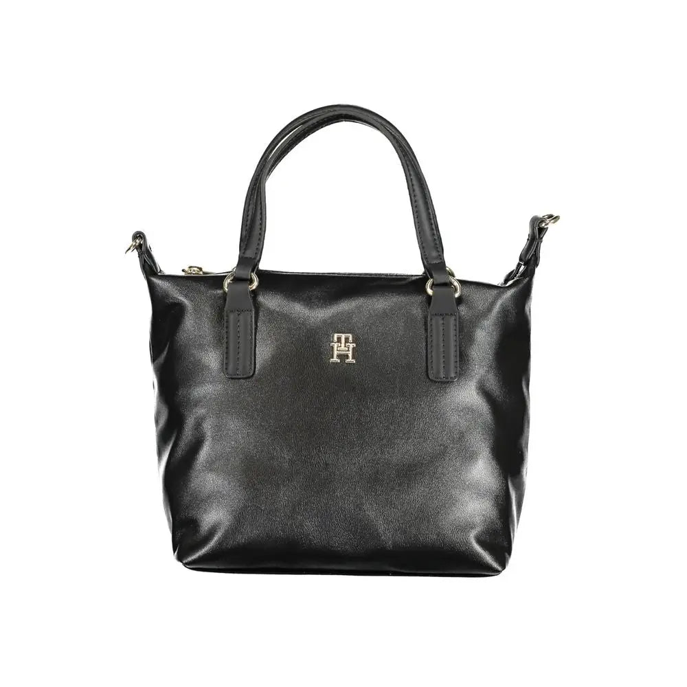 Sac cabas tommy hilfiger en cuir noir avec logo et anses dorées en métal poliestere femme
