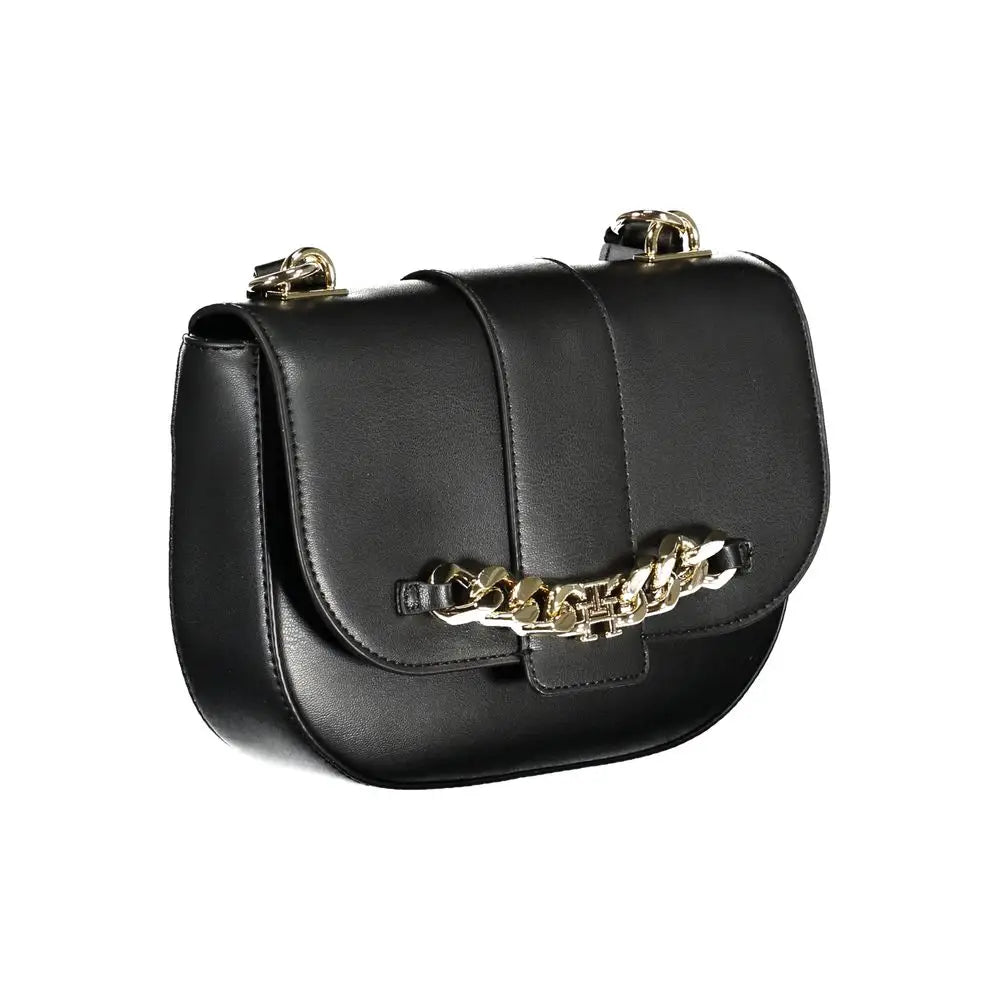 Sac bandoulière noir en cuir synthétique tommy hilfiger pour femme avec chaîne dorée et fermoir en métal