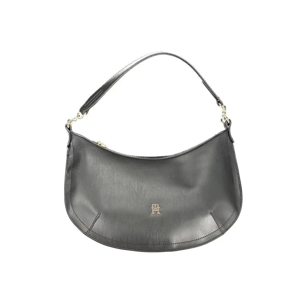 Sac à main noir en cuir synthétique tommy hilfiger avec plaque logo argentée et chaîne décorative