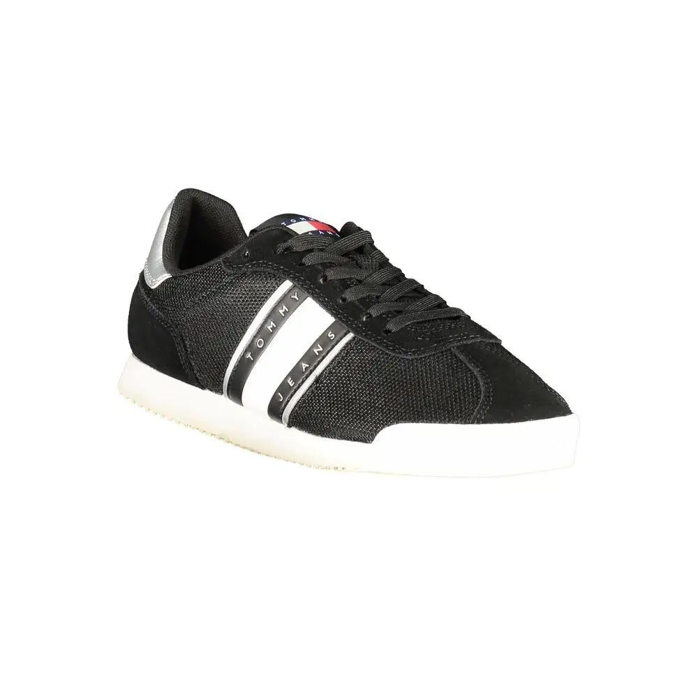 Baskets femmes tommy hilfiger nero en polyester noir avec rayures blanches et argentées mesh dessus et semelle en caoutchouc