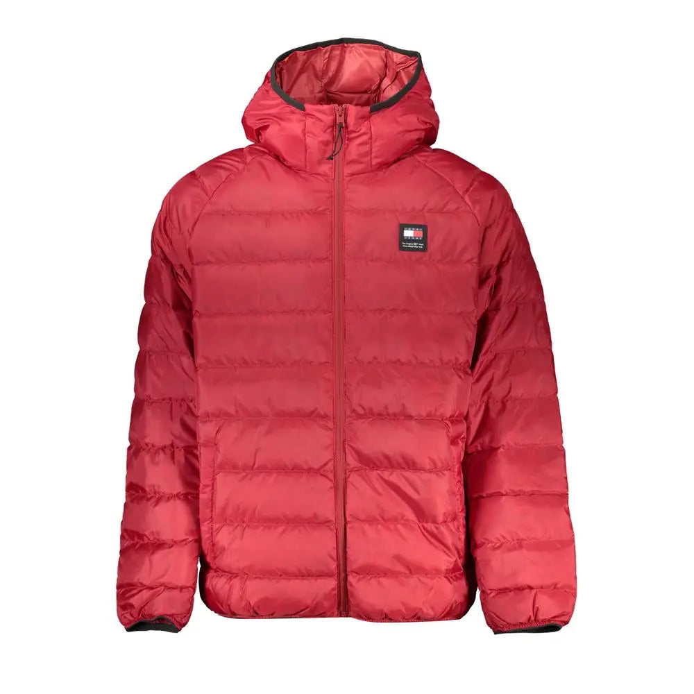 Veste tommy hilfiger rouge en polyester avec capuche, matelassage horizontal et bordures noires aux finitions