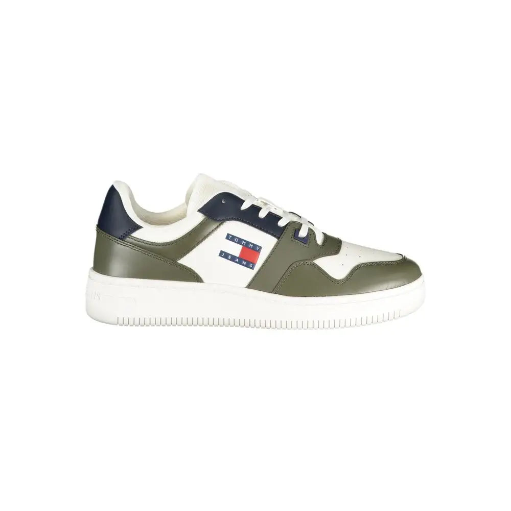 Basket sneaker homme tommy hilfiger en cuir vert olive blanc avec accents bleu marine et logo drapeau classique