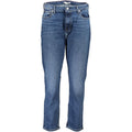 Jeans pour femmes en coton bleu de la marque Tommy Hilfiger, coupe classique avec détails à la taille et poches visibles.