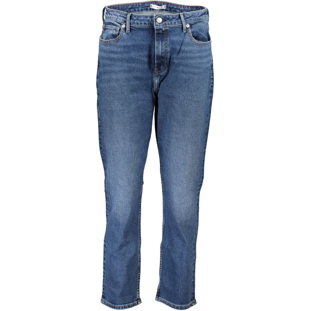 Jeans pour femmes en coton bleu de la marque Tommy Hilfiger, coupe classique avec détails à la taille et poches visibles.