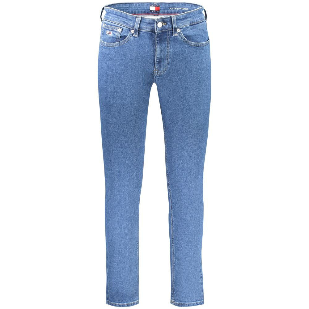 Jean homme en coton bleu Tommy Hilfiger, coupe classique avec poches avant et arrière, détails de marque visibles.