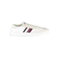 Sneaker homme en cuir blanc tommy hilfiger avec accents rayés bleu marine et bordeaux sur le côté