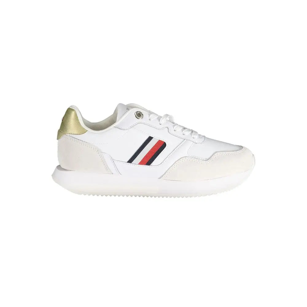 Baskets tommy hilfiger blanches en polyester avec talon doré et bande latérale noire et rouge