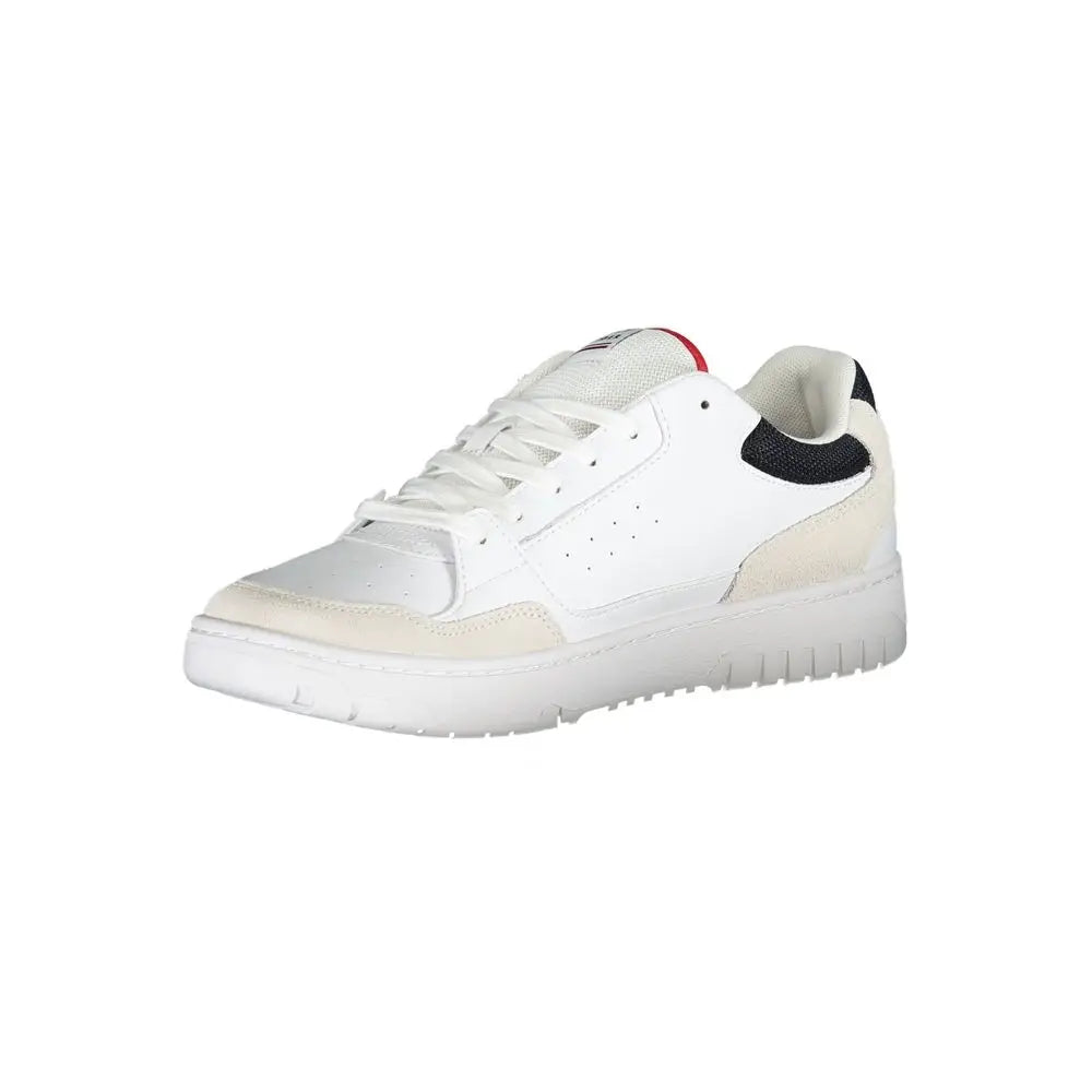 Baskets basses blanches tommy hilfiger pour homme en polyéthylène avec accents noirs et rouges et détails perforés sur le côté