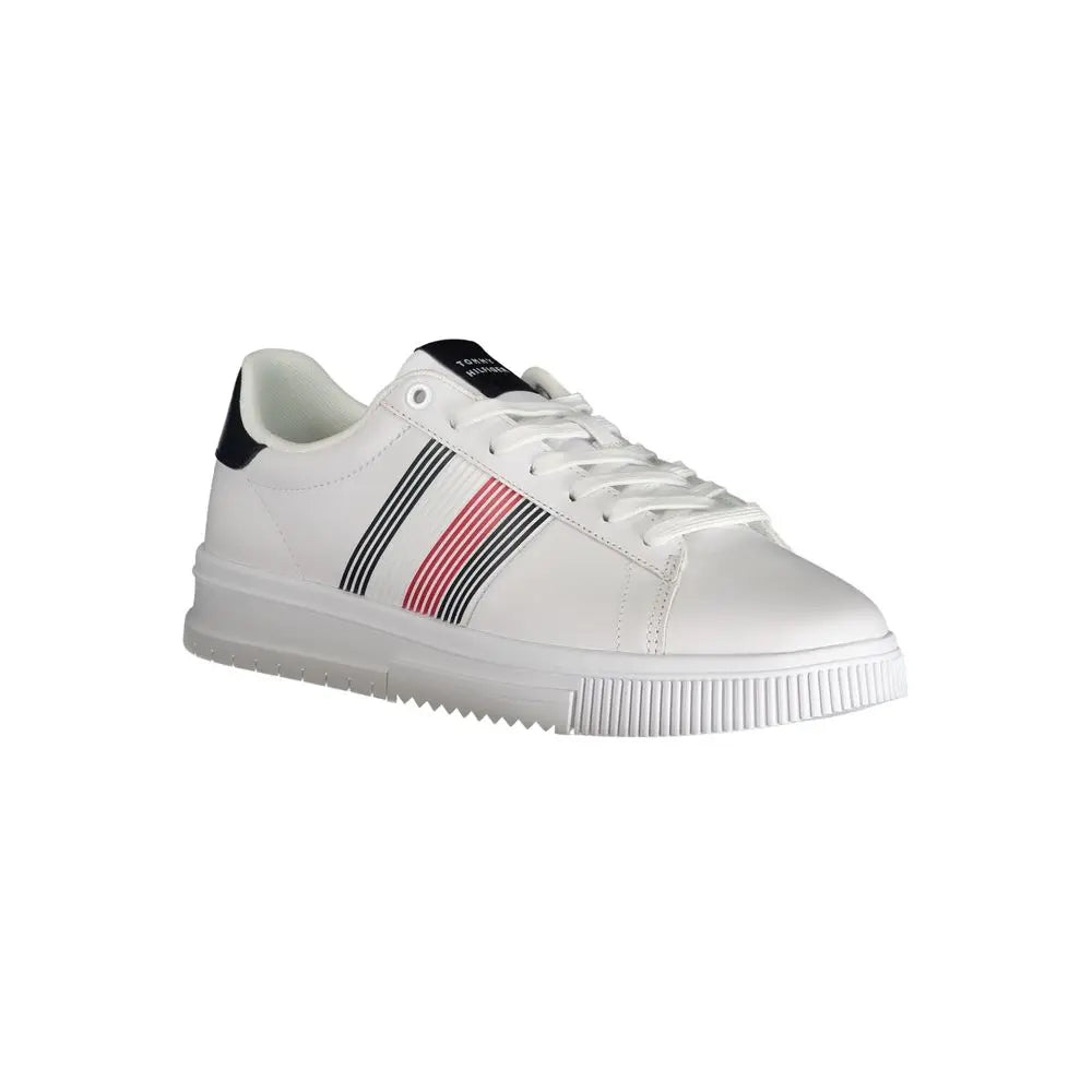 Baskets basses homme tommy hilfiger en cuir synthétique blanc avec bandes latérales noires et roses et semelle en caoutchouc côtelé blanche