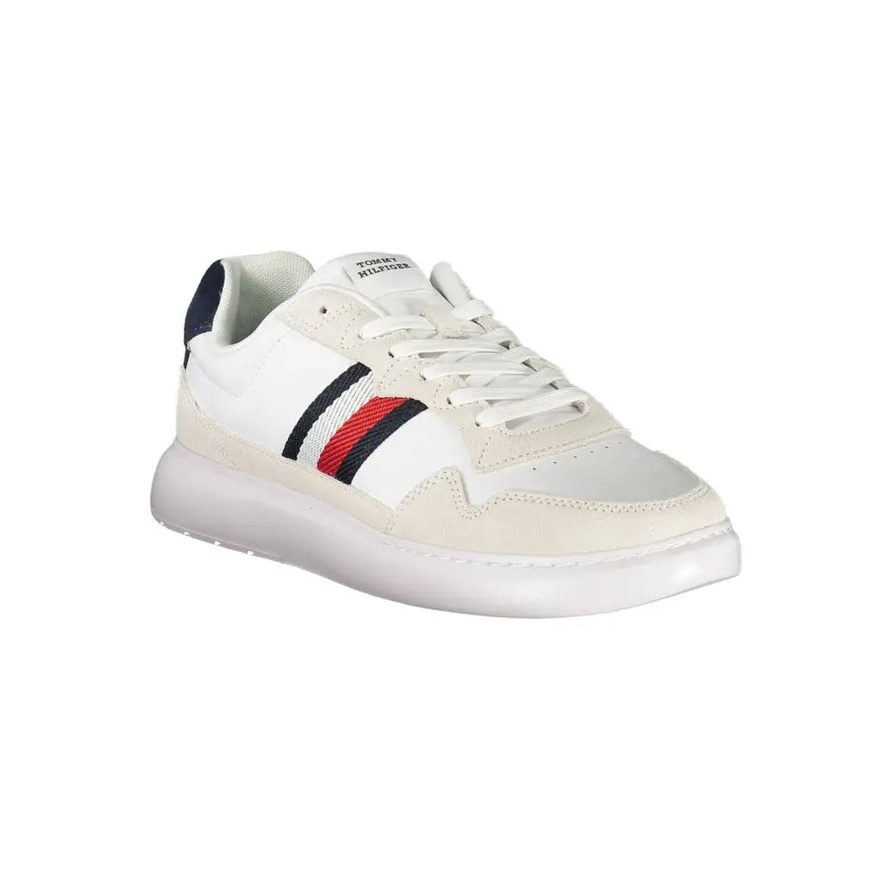 Baskets blanches tommy hilfiger homme en polyuréthane avec accent rayé rouge blanc bleu marine sur le côté