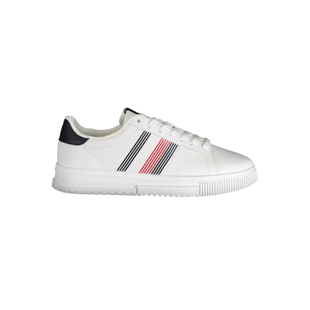 Sneaker homme tommy hilfiger blanc en polyuréthane avec accents rayés noirs et roses et semelle épaisse blanche