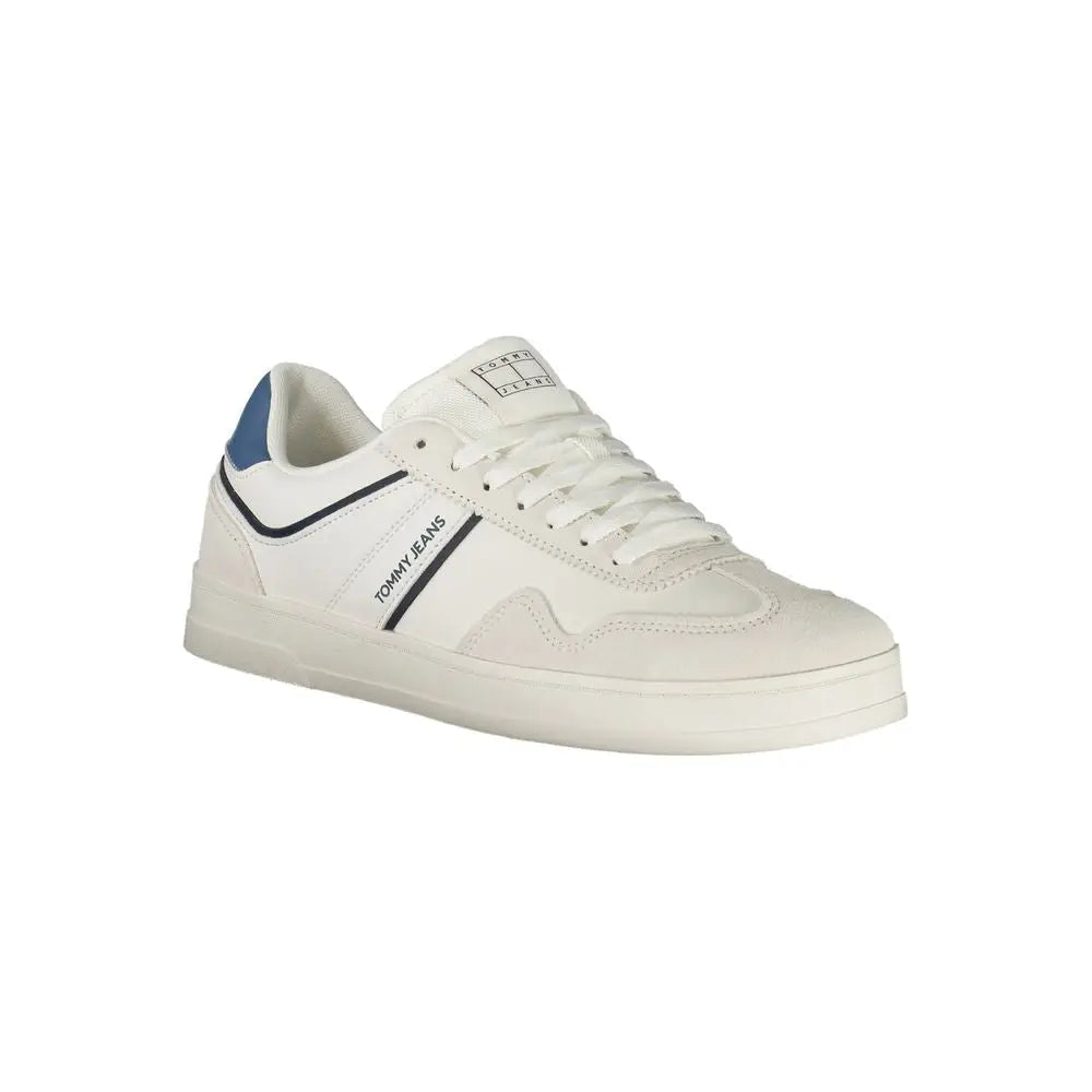 Tommy Hilfiger white polyurethane men’s sneaker with navy blue and black accents and clean leather upper