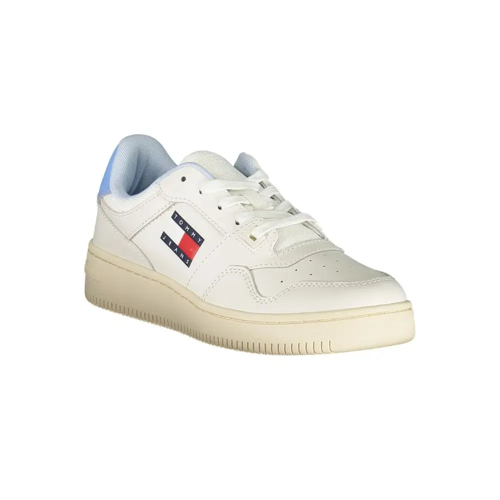 Baskets blanches tommy hilfiger en polyuréthane pour femmes avec talon bleu clair et logo rouge blanc marine