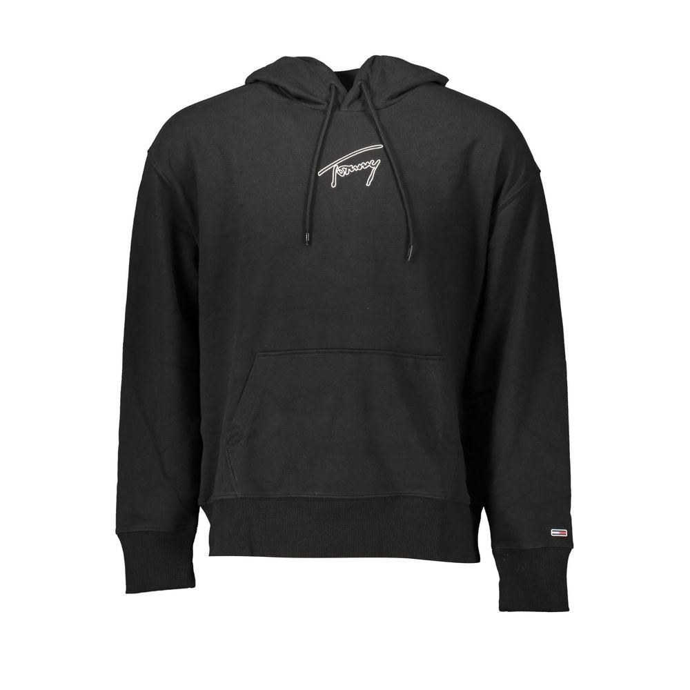 Pull en coton noir pour homme Tommy Hilfiger, style classique avec col rond et manches longues, porté sur mannequin.