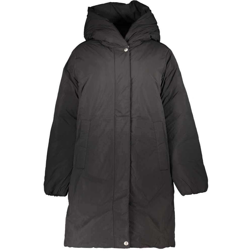 Veste pour femme Tommy Hilfiger en polyester noire, coupe décontractée avec col et poches visibles.