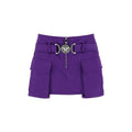Jupe courte violette en viscose de la marque Versace, détail de tissu fluide et élégante coupe mini.