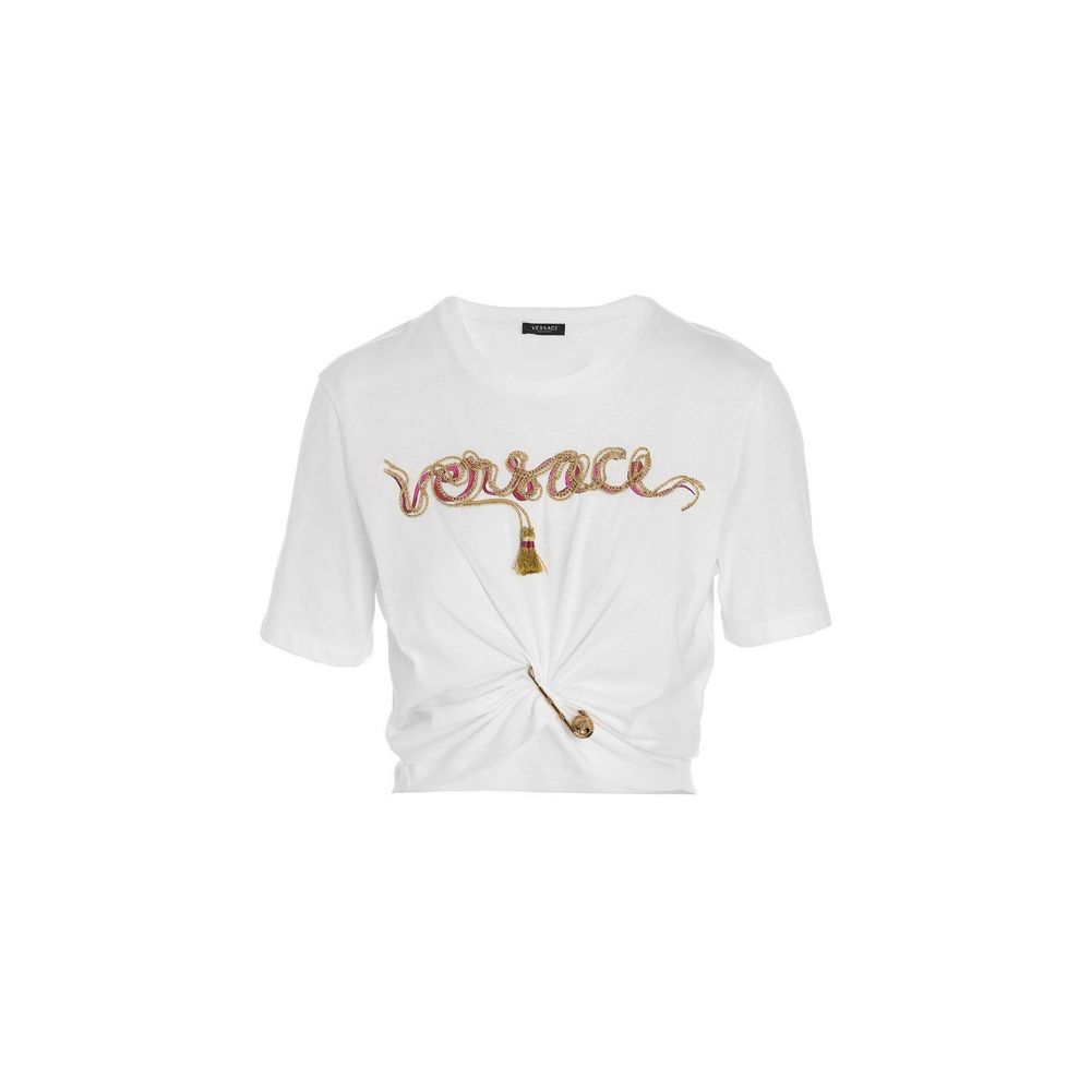 T-shirt blanc en coton de la marque Versace, coupe classique et logo distinctif visible sur le devant.