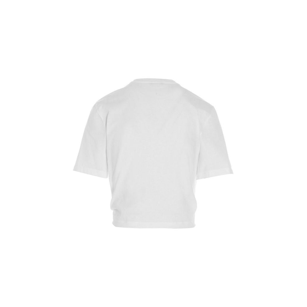 T-shirt blanc en coton de la marque Versace, coupe classique avec logo distinctif visible sur le devant.