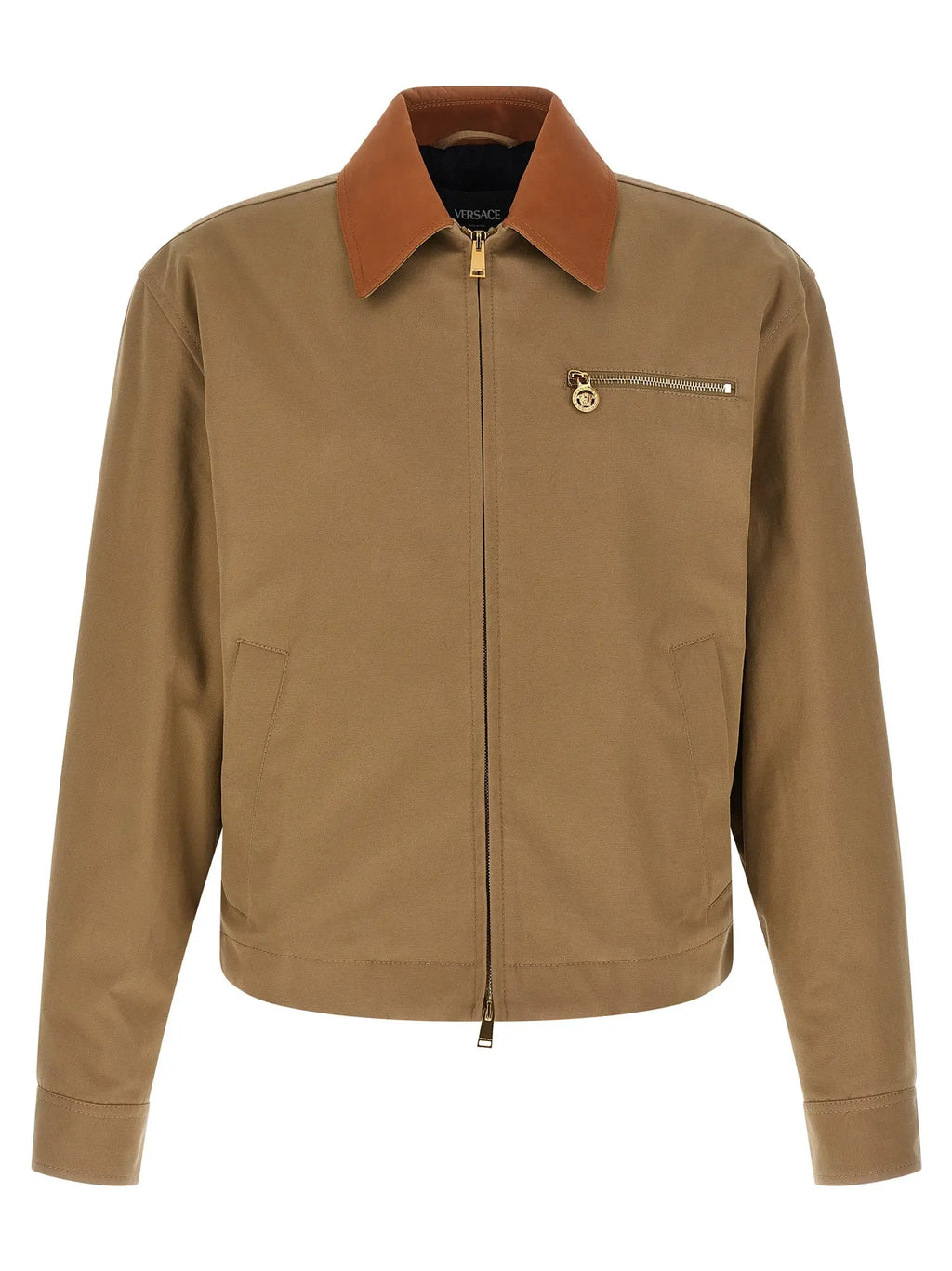 Veste beige versace en coton avec col marron contrastant et détails zippés dorés
