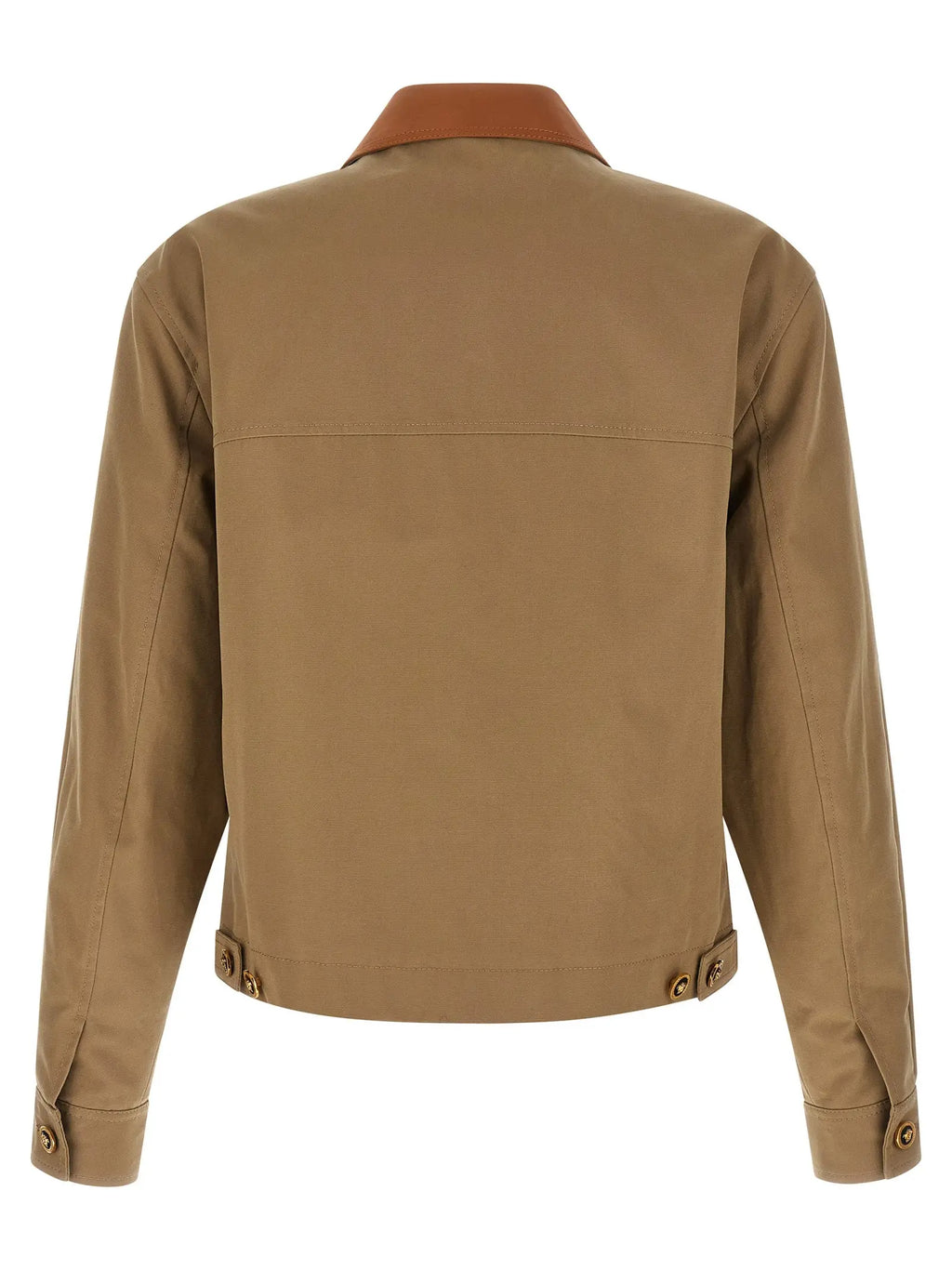 Veste en coton beige versace avec col en cuir marron contrastant et poignets à boutons